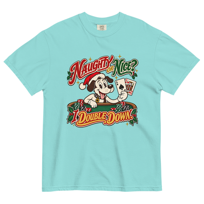 Naughty or Nice? I Double Down T-Shirt in Lagoon Blue, front view, Lucky the dog in a Santa hat playing blackjack graphic