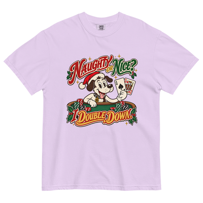 Naughty or Nice? I Double Down T-Shirt in Orchid, front view, Lucky the dog in a Santa hat playing blackjack graphic