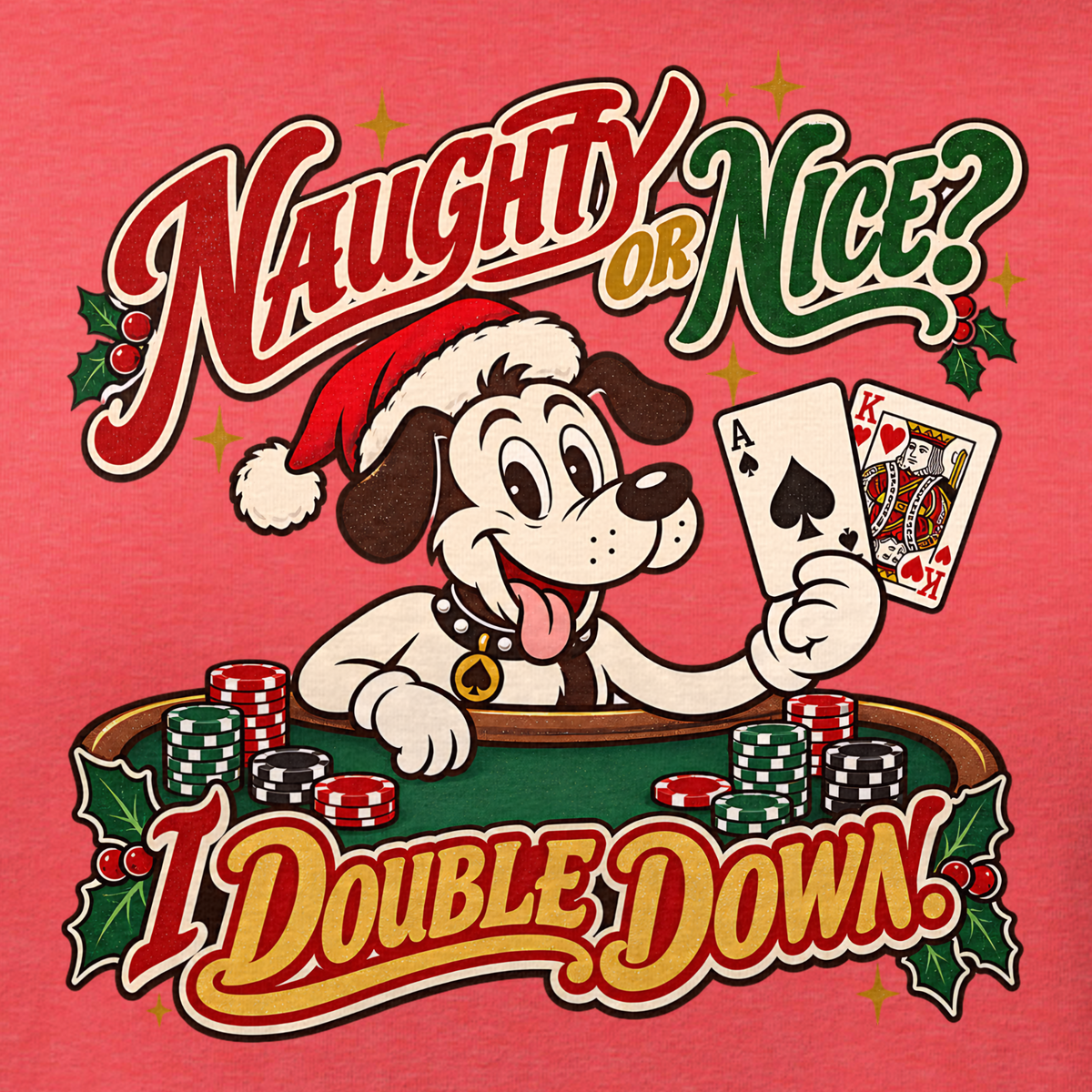Naughty Or Nice? I Double Down Relaxed T-Shirt in Heather Red, close-up of the front print, Lucky the cartoon dog in a Santa hat holding blackjack at a green table with chips