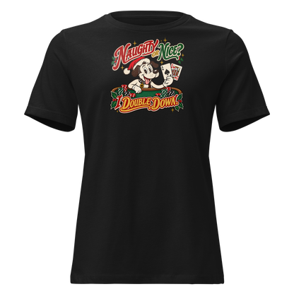 Naughty Or Nice? I Double Down Relaxed T-Shirt in Black, front view, Lucky the cartoon dog in a Santa hat holding blackjack at a green table with chips