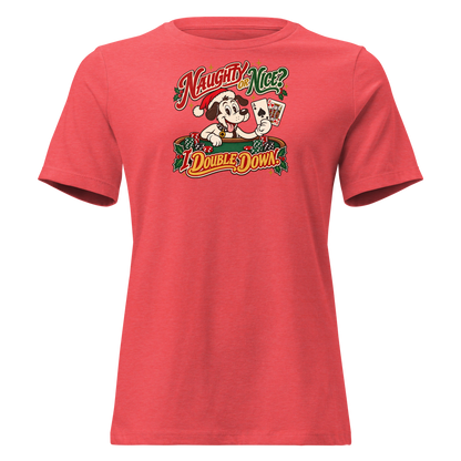 Naughty Or Nice? I Double Down Relaxed T-Shirt in Heather Red, front view, Lucky the cartoon dog in a Santa hat holding blackjack at a green table with chips