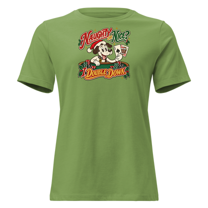 Naughty Or Nice? I Double Down Relaxed T-Shirt in Leaf, front view, Lucky the cartoon dog in a Santa hat holding blackjack at a green table with chips