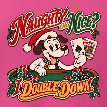 Naughty Or Nice? I Double Down V-Neck in Berry, close-up of the front print, Lucky the cartoon dog in a Santa hat holding blackjack at a green table with chips