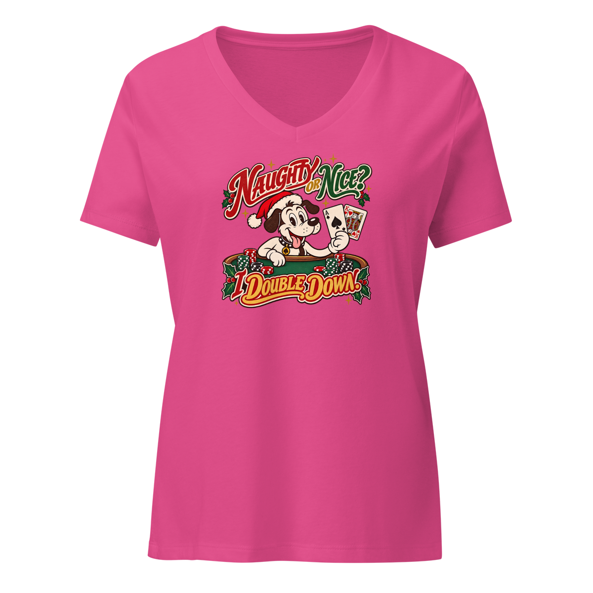 Naughty Or Nice? I Double Down V-Neck in Berry, front view, Lucky the cartoon dog in a Santa hat holding blackjack at a green table with chips