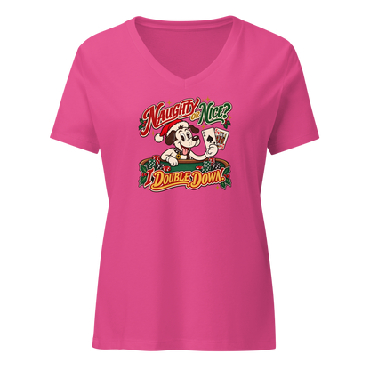 Naughty Or Nice? I Double Down V-Neck in Berry, front view, Lucky the cartoon dog in a Santa hat holding blackjack at a green table with chips