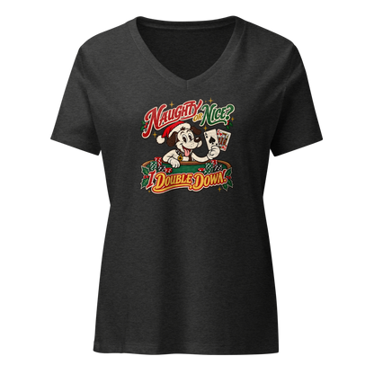 Naughty Or Nice? I Double Down V-Neck in Dark Grey Heather, front view, Lucky the cartoon dog in a Santa hat holding blackjack at a green table with chips