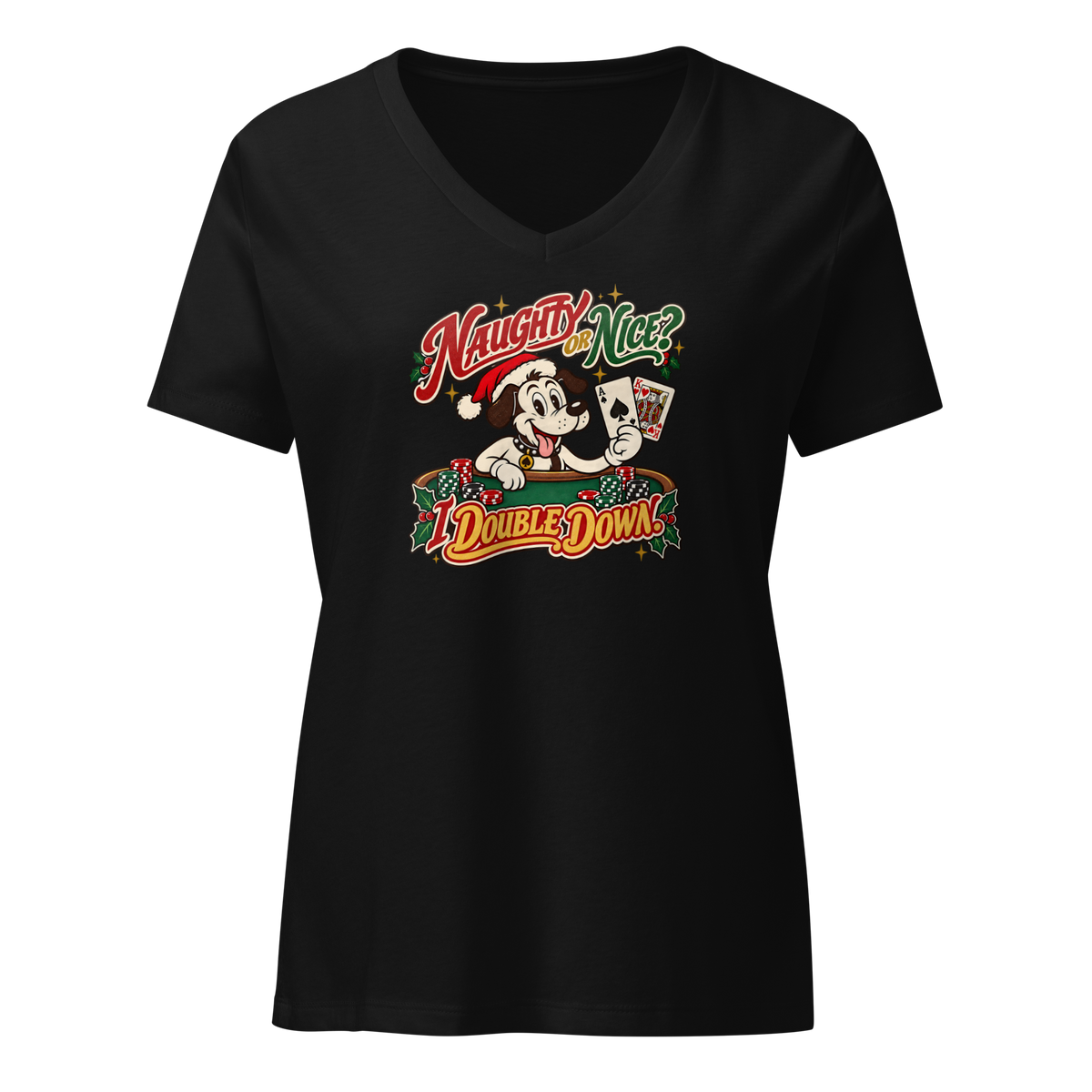 Naughty Or Nice? I Double Down V-Neck in Solid Black Blend, front view, Lucky the cartoon dog in a Santa hat holding blackjack at a green table with chips