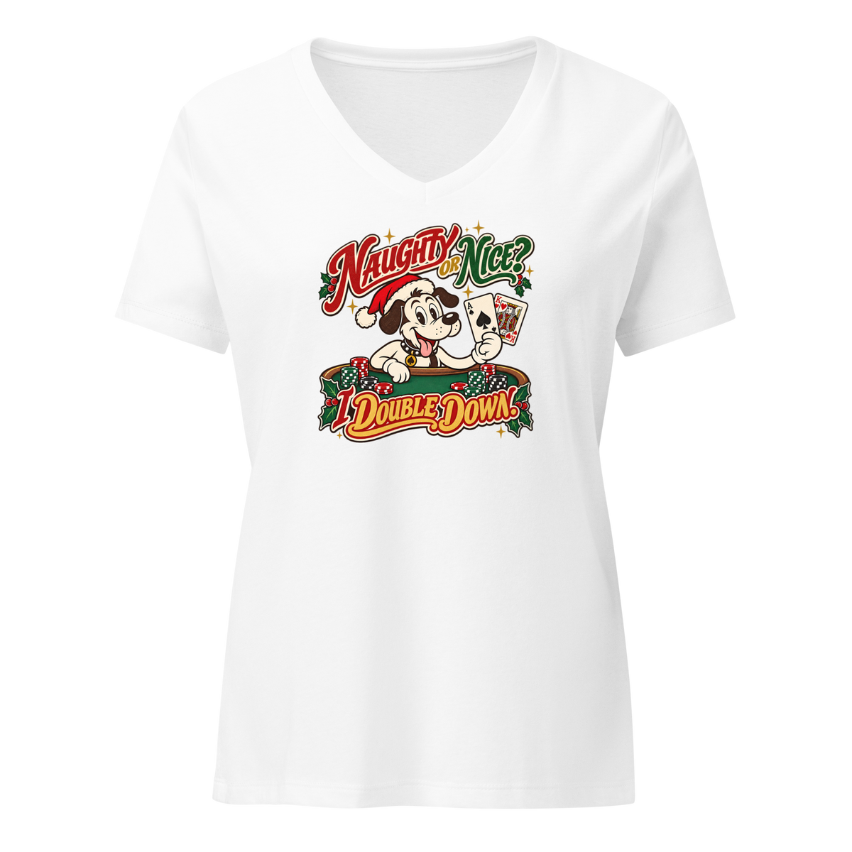 Naughty Or Nice? I Double Down V-Neck in Solid White Blend, front view, Lucky the cartoon dog in a Santa hat holding blackjack at a green table with chips