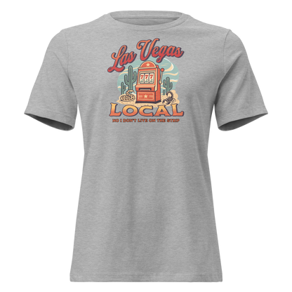 No I Don't Live On The Strip Relaxed T-Shirt in Athletic Heather, front view, retro slot machine on triple 7s among saguaros with a rattlesnake and scorpion