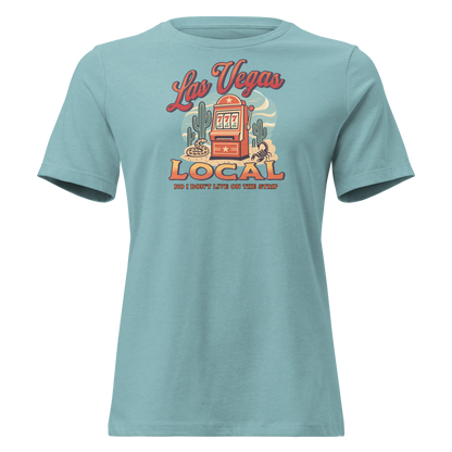 No I Don't Live On The Strip Relaxed T-Shirt in Heather Blue Lagoon, front view, retro slot machine on triple 7s among saguaros with a rattlesnake and scorpion
