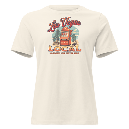 No I Don't Live On The Strip Relaxed T-Shirt in Natural, front view, retro slot machine on triple 7s among saguaros with a rattlesnake and scorpion