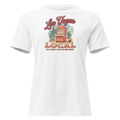 No I Don't Live On The Strip Relaxed T-Shirt in White, front view, retro slot machine on triple 7s among saguaros with a rattlesnake and scorpion