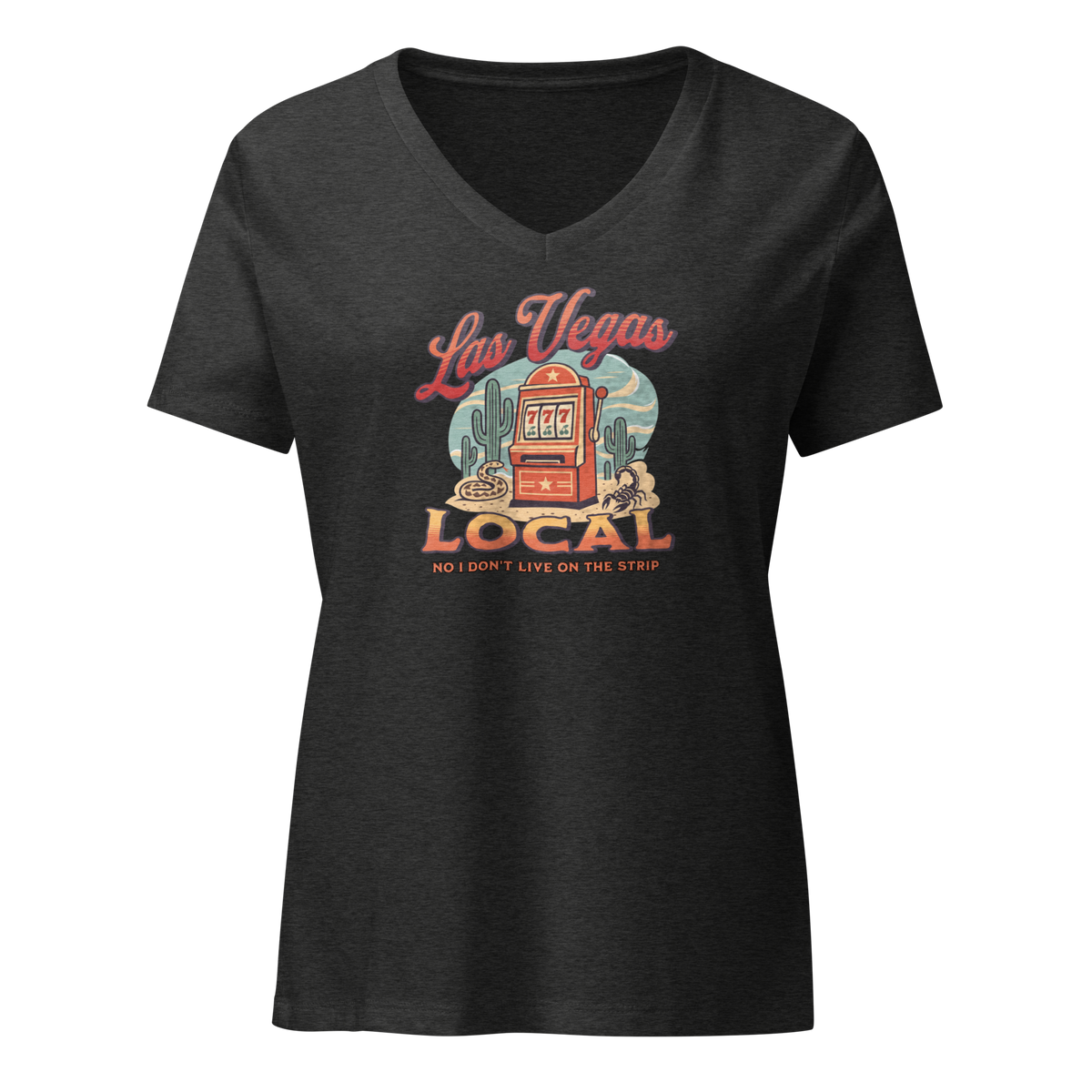 No I Don't Live On The Strip V-Neck in Dark Grey Heather, front view, retro slot machine on triple 7s among saguaros with a rattlesnake and scorpion