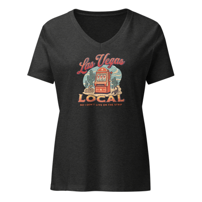 No I Don't Live On The Strip V-Neck in Dark Grey Heather, front view, retro slot machine on triple 7s among saguaros with a rattlesnake and scorpion
