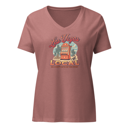 No I Don't Live On The Strip V-Neck in Heather Mauve, front view, retro slot machine on triple 7s among saguaros with a rattlesnake and scorpion