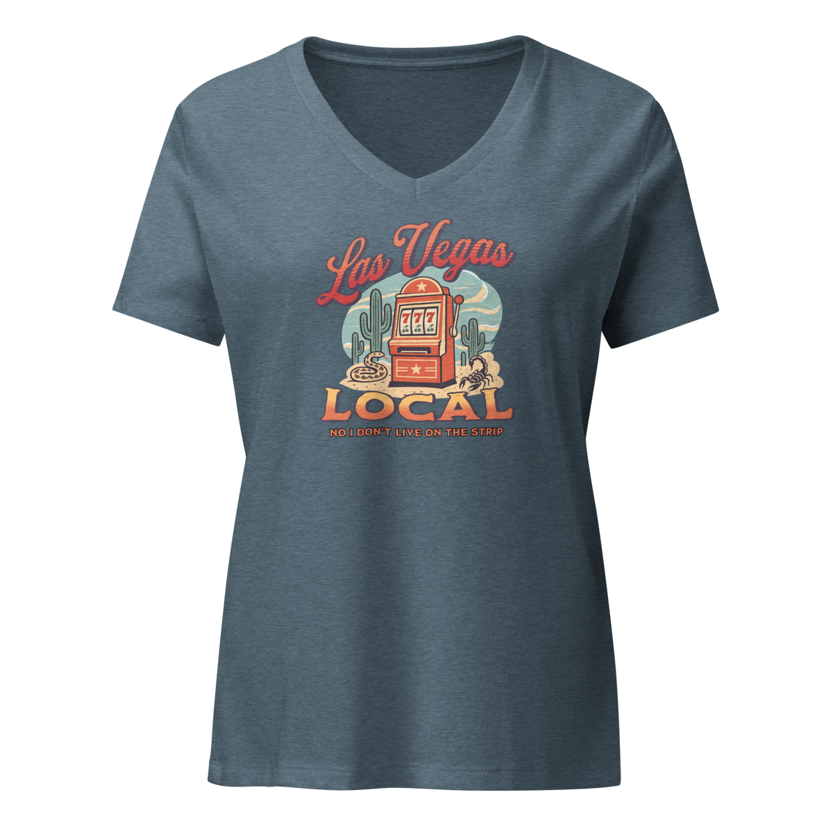 No I Don't Live On The Strip V-Neck in Heather Slate, front view, retro slot machine on triple 7s among saguaros with a rattlesnake and scorpion