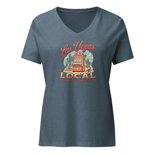 No I Don't Live On The Strip V-Neck in Heather Slate, front view, retro slot machine on triple 7s among saguaros with a rattlesnake and scorpion