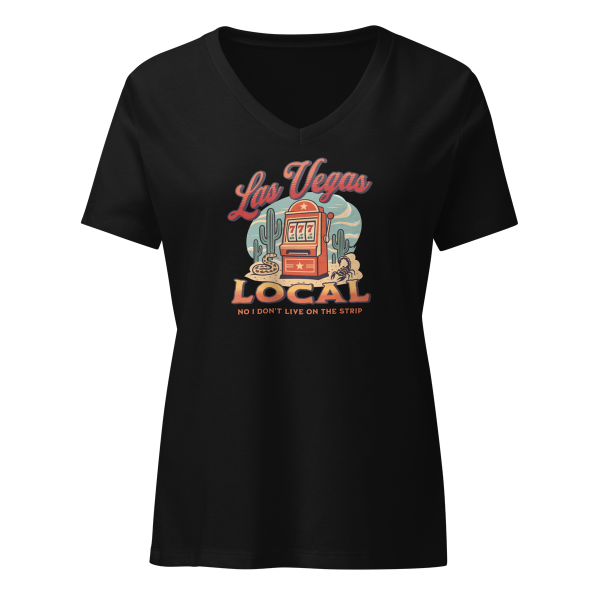 No I Don't Live On The Strip V-Neck in Solid Black Blend, front view, retro slot machine on triple 7s among saguaros with a rattlesnake and scorpion