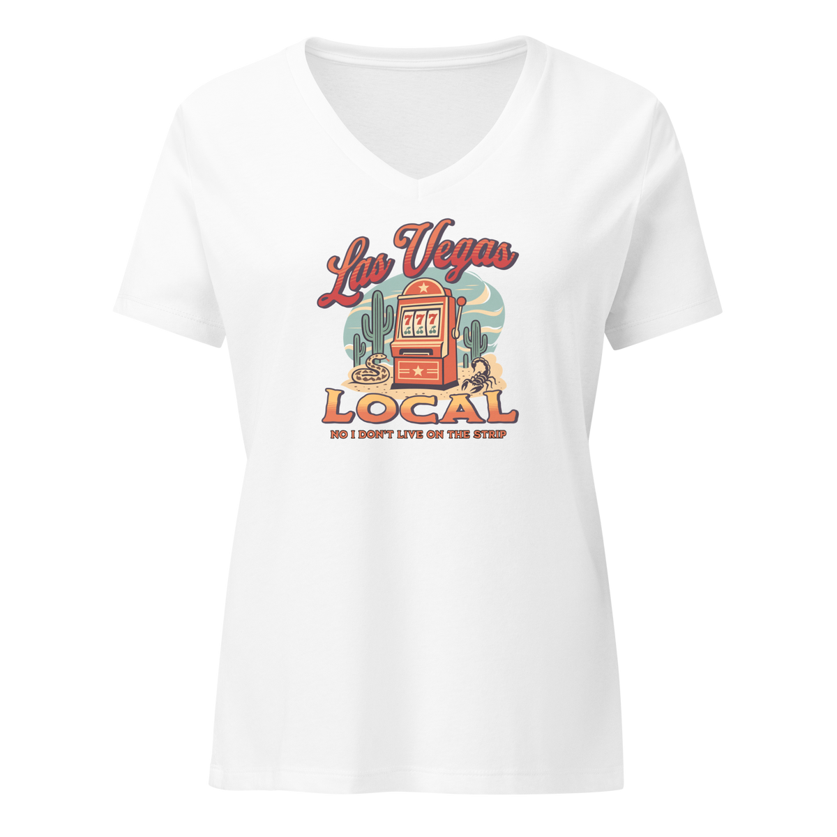 No I Don't Live On The Strip V-Neck in Solid White Blend, front view, retro slot machine on triple 7s among saguaros with a rattlesnake and scorpion