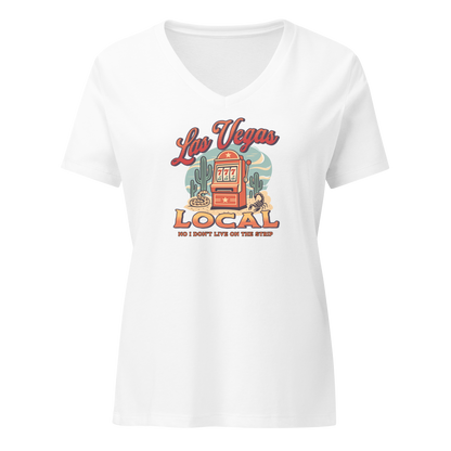 No I Don't Live On The Strip V-Neck in Solid White Blend, front view, retro slot machine on triple 7s among saguaros with a rattlesnake and scorpion