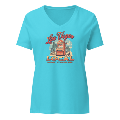 No I Don't Live On The Strip V-Neck in Turquoise, front view, retro slot machine on triple 7s among saguaros with a rattlesnake and scorpion