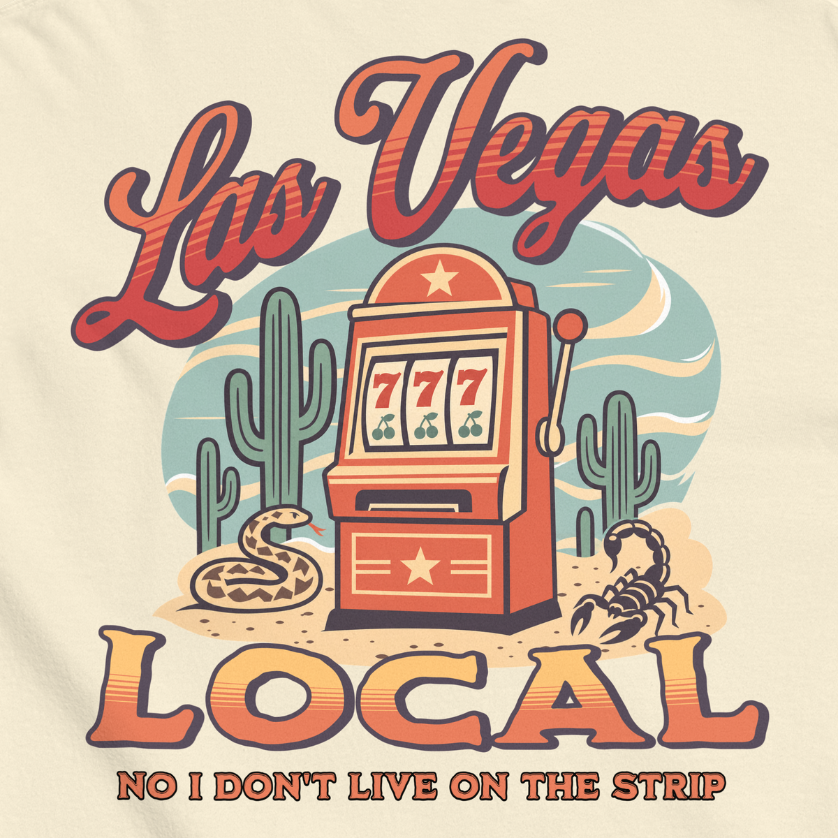 No I Don't Live On The Strip T-Shirt in Ivory, close-up of the back print, retro slot machine on triple 7s among saguaros with a rattlesnake and scorpion