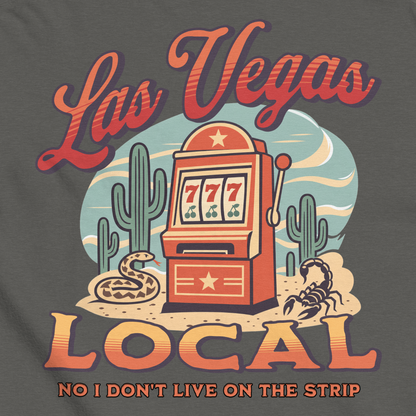 No I Don't Live On The Strip T-Shirt in Pepper, close-up of the back print, retro slot machine on triple 7s among saguaros with a rattlesnake and scorpion