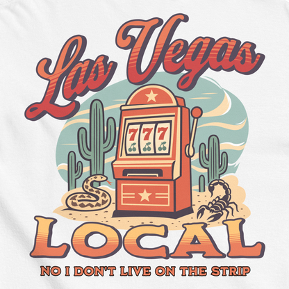 No I Don't Live On The Strip T-Shirt in White, close-up of the back print, retro slot machine on triple 7s among saguaros with a rattlesnake and scorpion