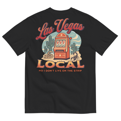No I Don't Live On The Strip T-Shirt in Black, back print, retro slot machine on triple 7s among saguaros with a rattlesnake and scorpion