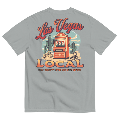 No I Don't Live On The Strip T-Shirt in Granite, back print, retro slot machine on triple 7s among saguaros with a rattlesnake and scorpion