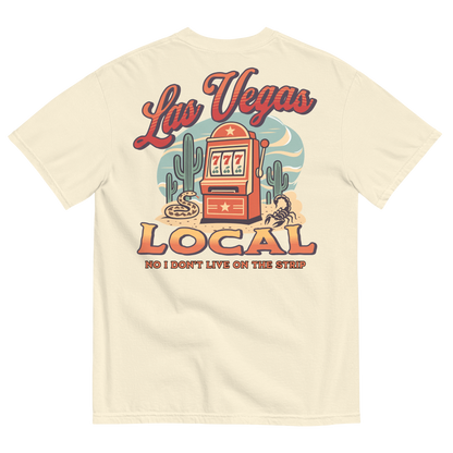 No I Don't Live On The Strip T-Shirt in Ivory, back print, retro slot machine on triple 7s among saguaros with a rattlesnake and scorpion