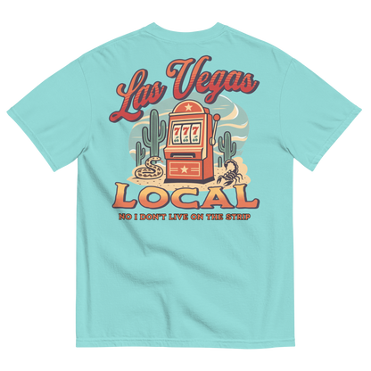 No I Don't Live On The Strip T-Shirt in Lagoon Blue, back print, retro slot machine on triple 7s among saguaros with a rattlesnake and scorpion