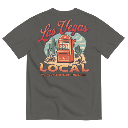 No I Don't Live On The Strip T-Shirt in Pepper, back print, retro slot machine on triple 7s among saguaros with a rattlesnake and scorpion