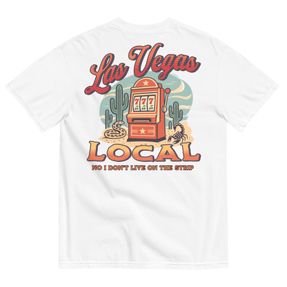 No I Don't Live On The Strip T-Shirt in White, back print, retro slot machine on triple 7s among saguaros with a rattlesnake and scorpion