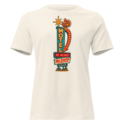 No Vacancy, Too Stuffed Relaxed T-Shirt in Natural, front view, a vintage motel neon sign reading No Vacancy, Too Stuffed with a full turkey on top