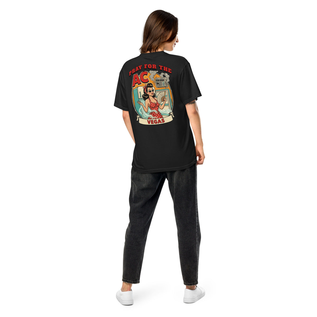 Pray For The AC T-Shirt in Black, back print, Downtown Betty pinup Las Vegas summer heat graphic