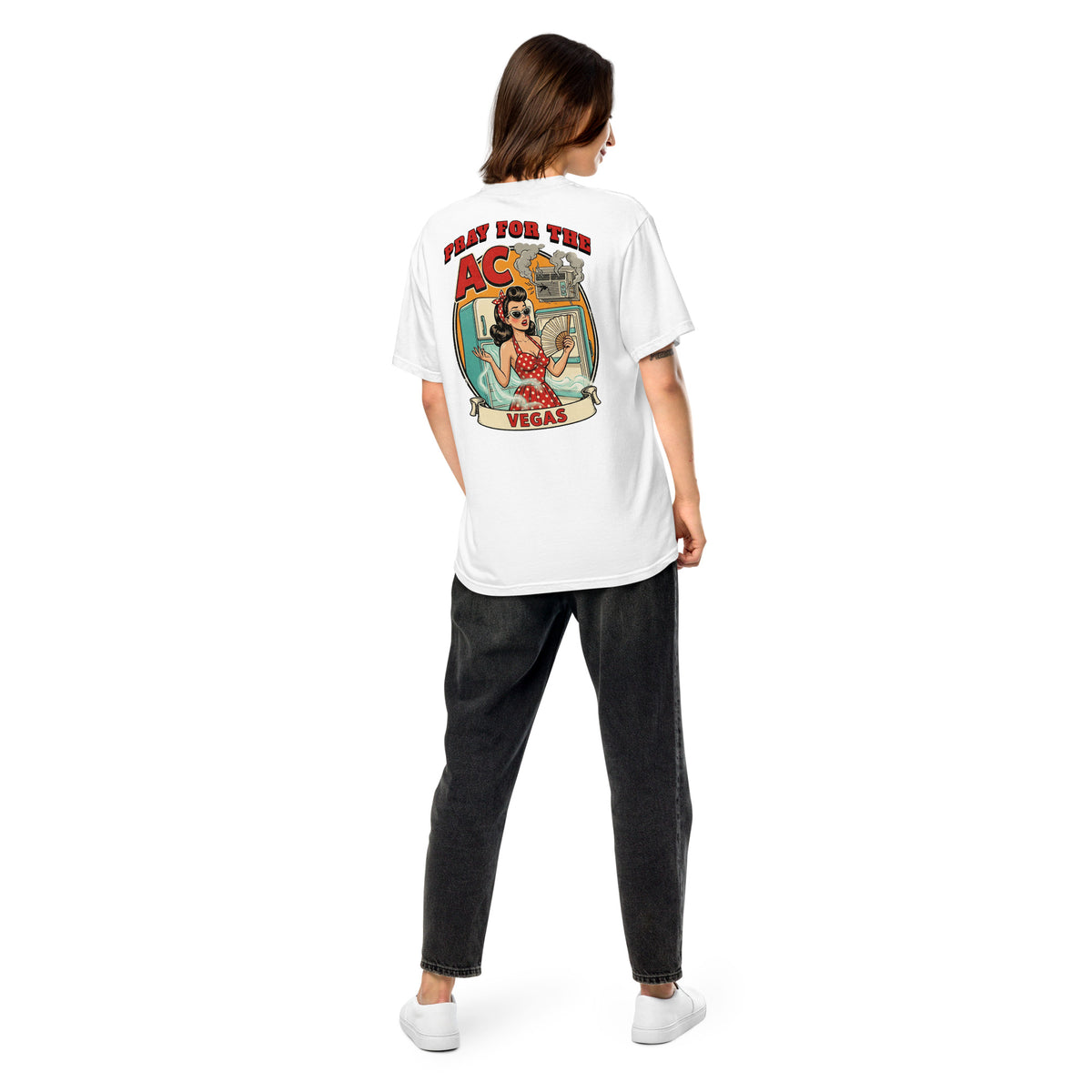 Pray For The AC T-Shirt in White, back print, Downtown Betty pinup Las Vegas summer heat graphic