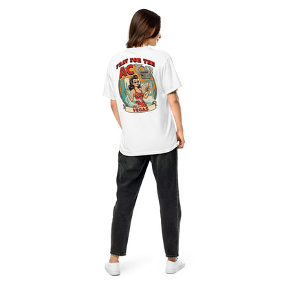 Pray For The AC T-Shirt in White, back print, Downtown Betty pinup Las Vegas summer heat graphic