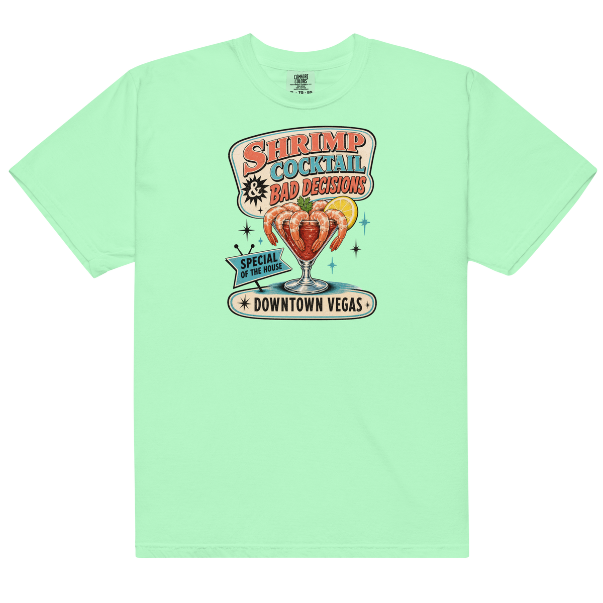 Shrimp Cocktail & Bad Decisions T-Shirt in Island Reef, front view, retro Downtown Vegas shrimp cocktail graphic