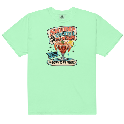Shrimp Cocktail & Bad Decisions T-Shirt in Island Reef, front view, retro Downtown Vegas shrimp cocktail graphic