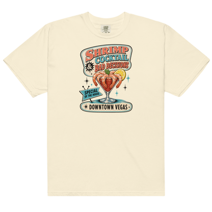 Shrimp Cocktail & Bad Decisions T-Shirt in Ivory, front view, retro Downtown Vegas shrimp cocktail graphic
