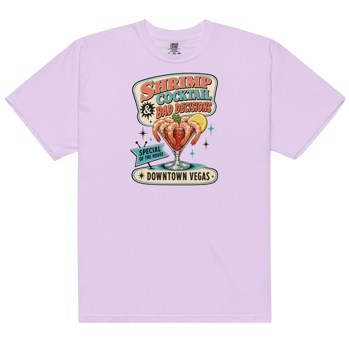 Shrimp Cocktail & Bad Decisions T-Shirt in Orchid, front view, retro Downtown Vegas shrimp cocktail graphic