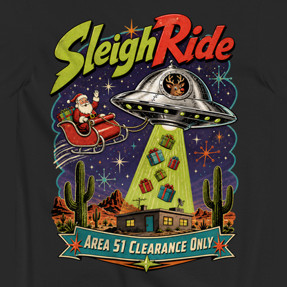 Sleigh Ride T-Shirt in Black, close-up of the back print, Rudolph flying saucer and Area 51 Clearance Only banner