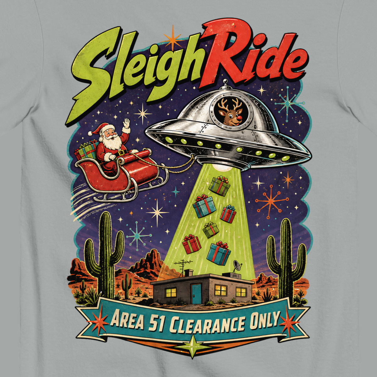 Sleigh Ride T-Shirt in Granite, close-up of the back print, Rudolph flying saucer and Area 51 Clearance Only banner