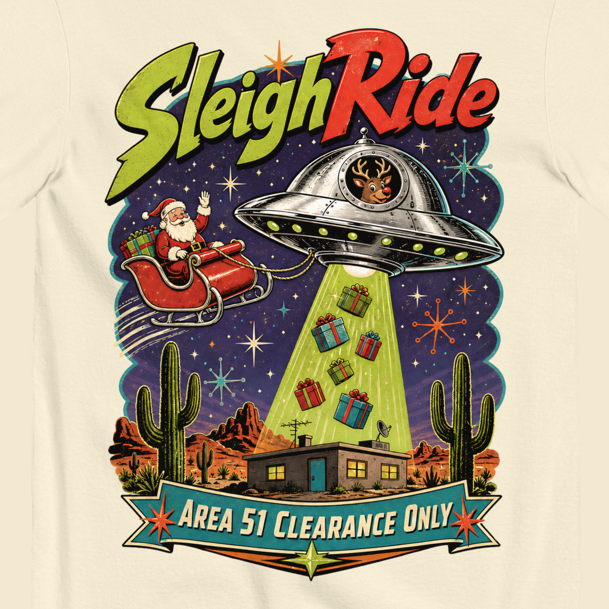 Sleigh Ride T-Shirt in Ivory, close-up of the back print, Rudolph flying saucer and Area 51 Clearance Only banner