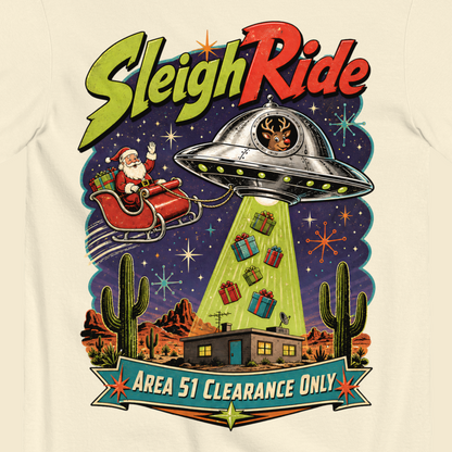 Sleigh Ride T-Shirt in Ivory, close-up of the back print, Rudolph flying saucer and Area 51 Clearance Only banner