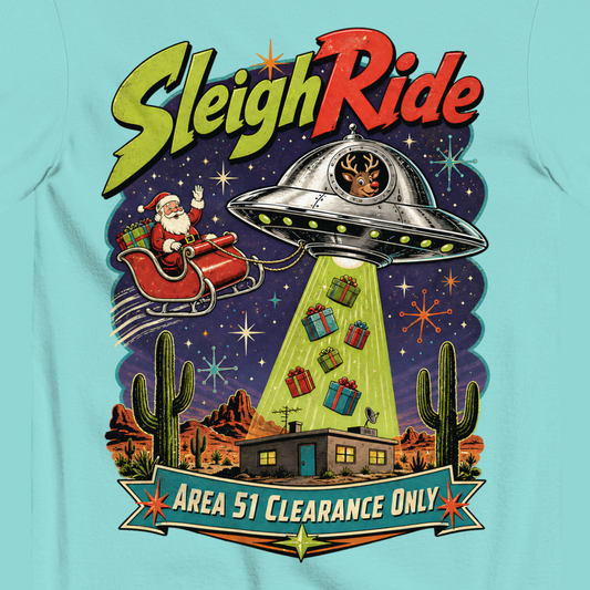 Sleigh Ride T-Shirt in Lagoon Blue, close-up of the back print, Rudolph flying saucer and Area 51 Clearance Only banner