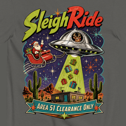Sleigh Ride T-Shirt in Pepper, close-up of the back print, Rudolph flying saucer and Area 51 Clearance Only banner