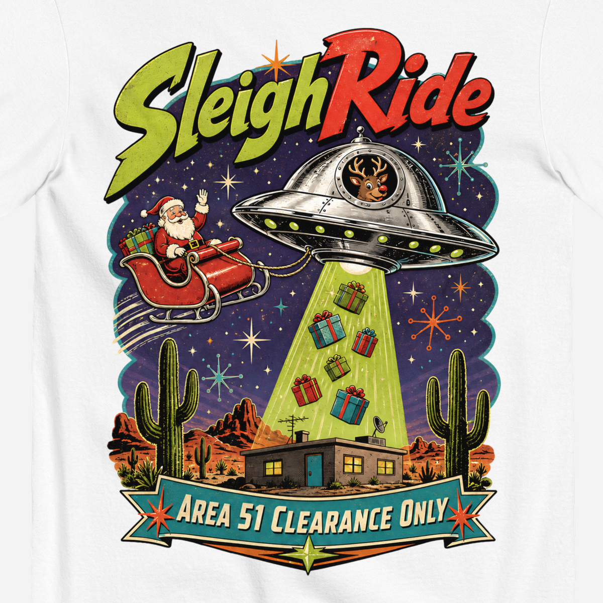 Sleigh Ride T-Shirt in White, close-up of the back print, Rudolph flying saucer and Area 51 Clearance Only banner