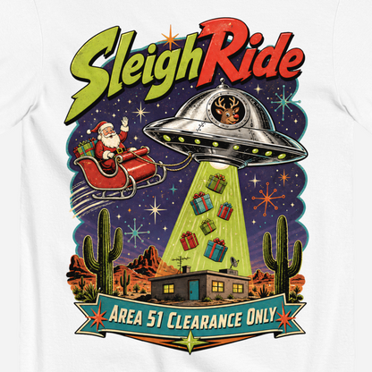 Sleigh Ride T-Shirt in White, close-up of the back print, Rudolph flying saucer and Area 51 Clearance Only banner